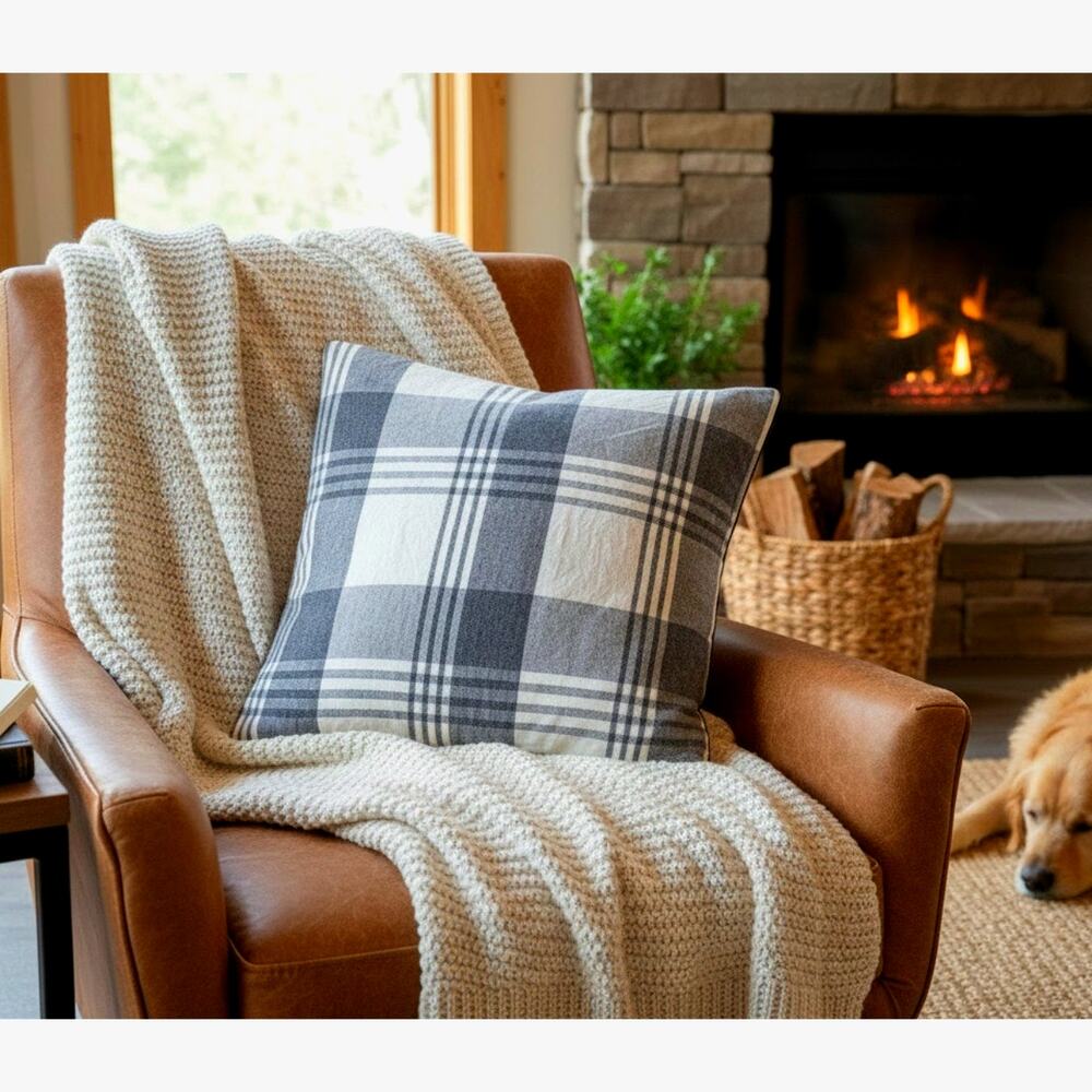 Lauren Ralph Lauren Gray & White Plaid Square Throw Pillow Cover 20x20 Flannel